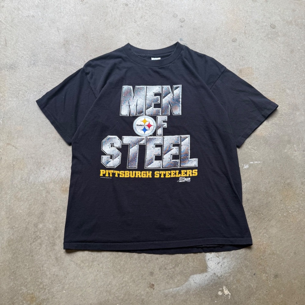 Vintage 1990 Salem Pittsburgh Steelers Men of Steel T-Shirt Black Large - Picture 1 of 5